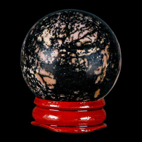 40MM Natural Rhodonite Mineral Crystal Sphere, Ball, Orb Peru Rosewood Stand - Fossil Age Minerals