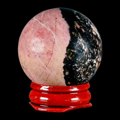 40MM Natural Rhodonite Mineral Crystal Sphere, Ball, Orb Peru Rosewood Stand - Fossil Age Minerals