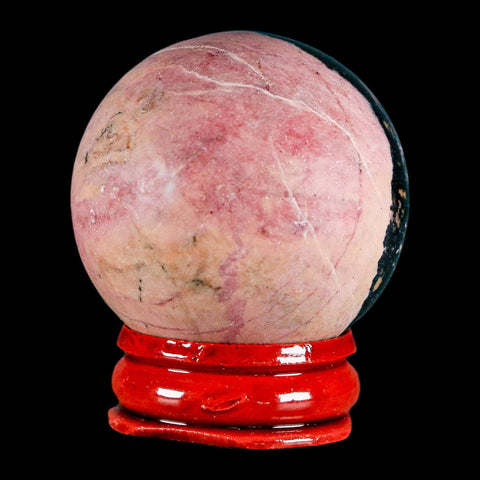 40MM Natural Rhodonite Mineral Crystal Sphere, Ball, Orb Peru Rosewood Stand - Fossil Age Minerals
