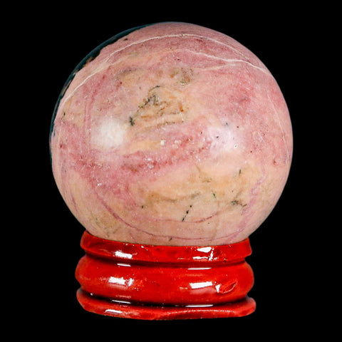 40MM Natural Rhodonite Mineral Crystal Sphere, Ball, Orb Peru Rosewood Stand - Fossil Age Minerals