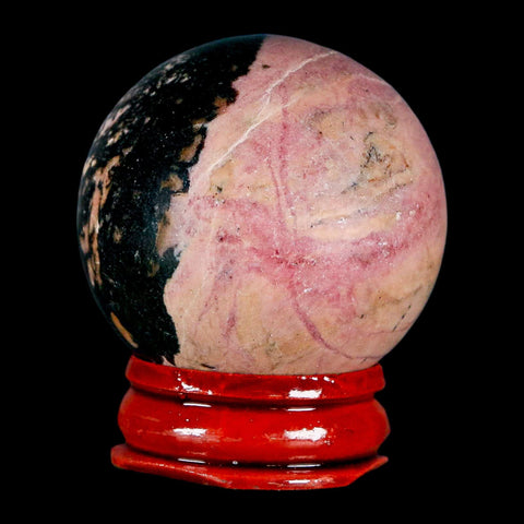 40MM Natural Rhodonite Mineral Crystal Sphere, Ball, Orb Peru Rosewood Stand - Fossil Age Minerals