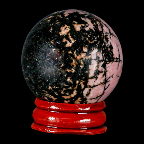 40MM Natural Rhodonite Mineral Crystal Sphere, Ball, Orb Peru Rosewood Stand - Fossil Age Minerals