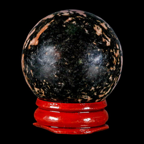 40MM Natural Rhodonite Mineral Crystal Sphere, Ball, Orb Peru Rosewood Stand - Fossil Age Minerals