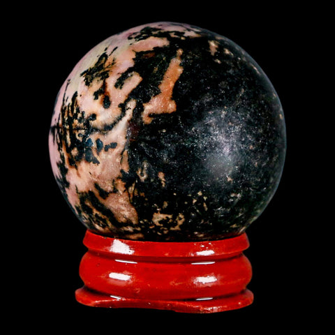 40MM Natural Rhodonite Mineral Crystal Sphere, Ball, Orb Peru Rosewood Stand - Fossil Age Minerals