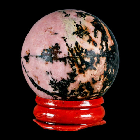 40MM Natural Rhodonite Mineral Crystal Sphere, Ball, Orb Peru Rosewood Stand - Fossil Age Minerals