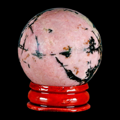 40MM Natural Rhodonite Mineral Crystal Sphere, Ball, Orb Peru Rosewood Stand - Fossil Age Minerals