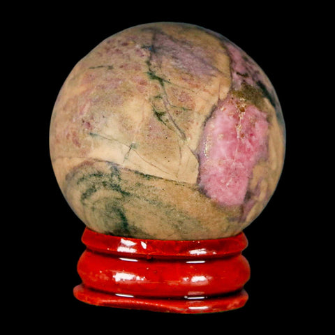 40MM Natural Rhodonite Mineral Crystal Sphere, Ball, Orb Peru Rosewood Stand - Fossil Age Minerals