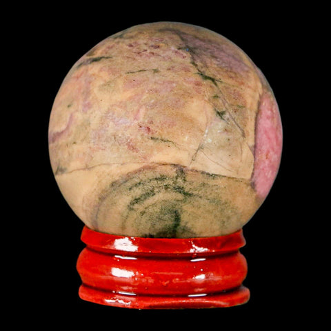 40MM Natural Rhodonite Mineral Crystal Sphere, Ball, Orb Peru Rosewood Stand - Fossil Age Minerals