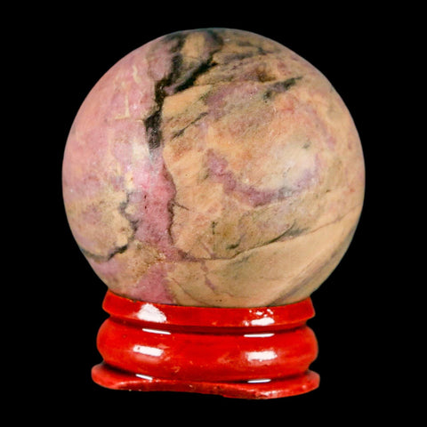 40MM Natural Rhodonite Mineral Crystal Sphere, Ball, Orb Peru Rosewood Stand - Fossil Age Minerals