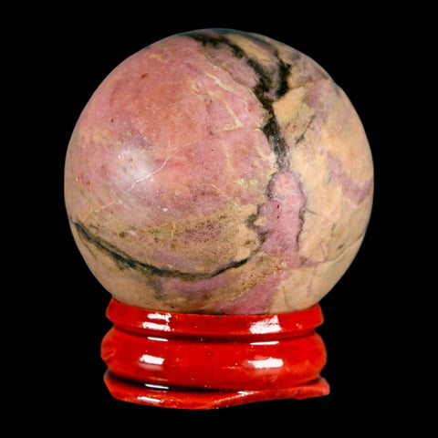 40MM Natural Rhodonite Mineral Crystal Sphere, Ball, Orb Peru Rosewood Stand - Fossil Age Minerals