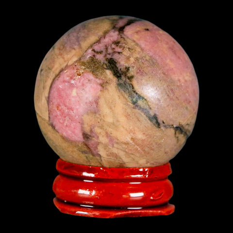 40MM Natural Rhodonite Mineral Crystal Sphere, Ball, Orb Peru Rosewood Stand - Fossil Age Minerals