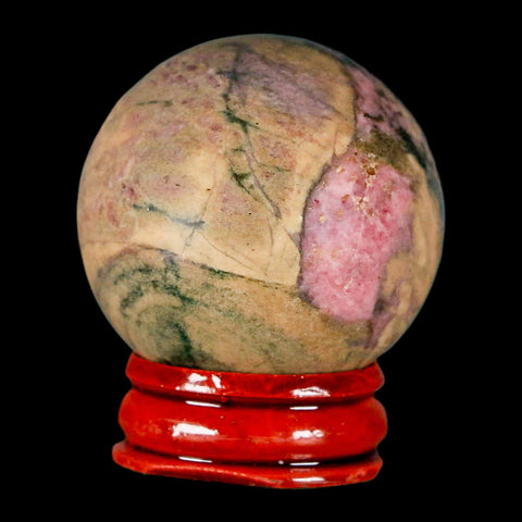 40MM Natural Rhodonite Mineral Crystal Sphere, Ball, Orb Peru Rosewood Stand - Fossil Age Minerals