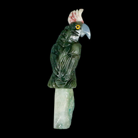 3.7" Hand Carved Bird Perched on Quartz Crystal Parrot Gray, Blue Calcite Peru - Fossil Age Minerals