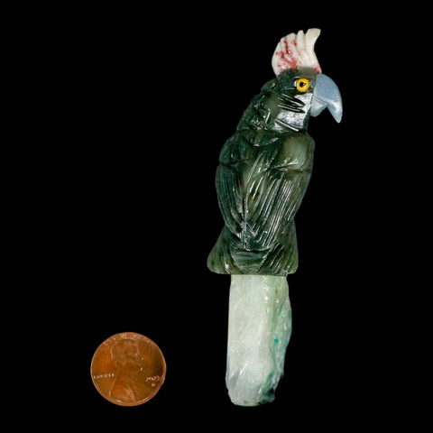 3.7" Hand Carved Bird Perched on Quartz Crystal Parrot Gray, Blue Calcite Peru - Fossil Age Minerals