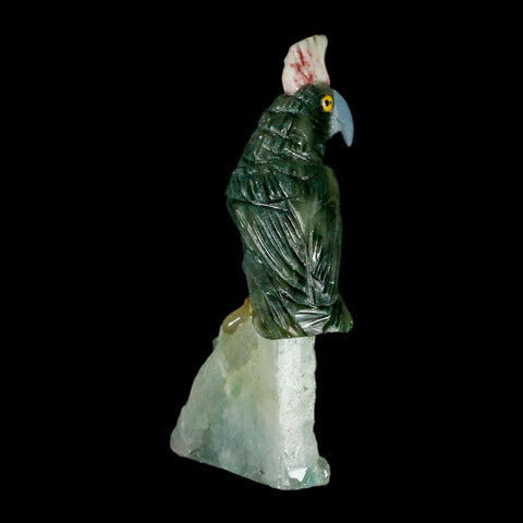 3.7" Hand Carved Bird Perched on Quartz Crystal Parrot Gray, Blue Calcite Peru - Fossil Age Minerals
