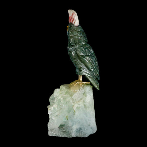 3.7" Hand Carved Bird Perched on Quartz Crystal Parrot Gray, Blue Calcite Peru - Fossil Age Minerals