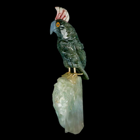 3.7" Hand Carved Bird Perched on Quartz Crystal Parrot Gray, Blue Calcite Peru