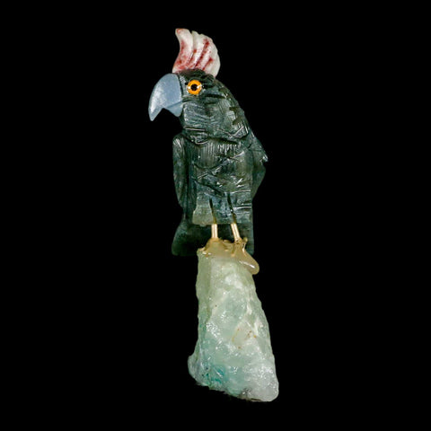 3.7" Hand Carved Bird Perched on Quartz Crystal Parrot Gray, Blue Calcite Peru - Fossil Age Minerals