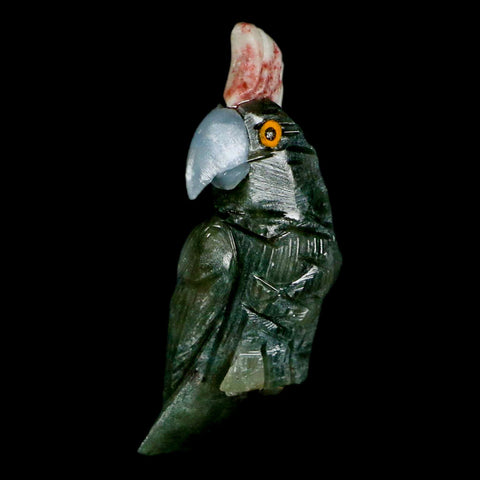 3.7" Hand Carved Bird Perched on Quartz Crystal Parrot Gray, Blue Calcite Peru - Fossil Age Minerals