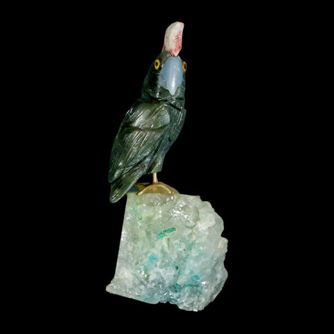 3.7" Hand Carved Bird Perched on Quartz Crystal Parrot Gray, Blue Calcite Peru - Fossil Age Minerals