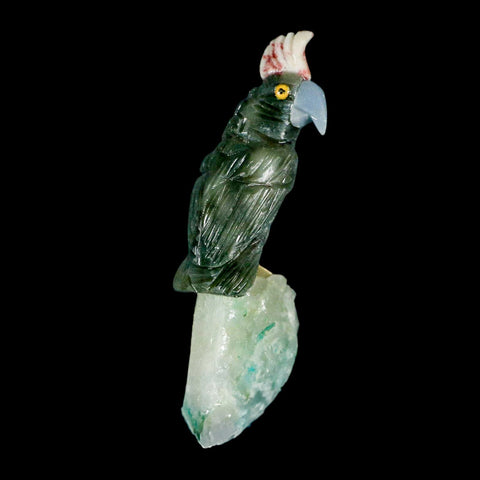3.7" Hand Carved Bird Perched on Quartz Crystal Parrot Gray, Blue Calcite Peru - Fossil Age Minerals