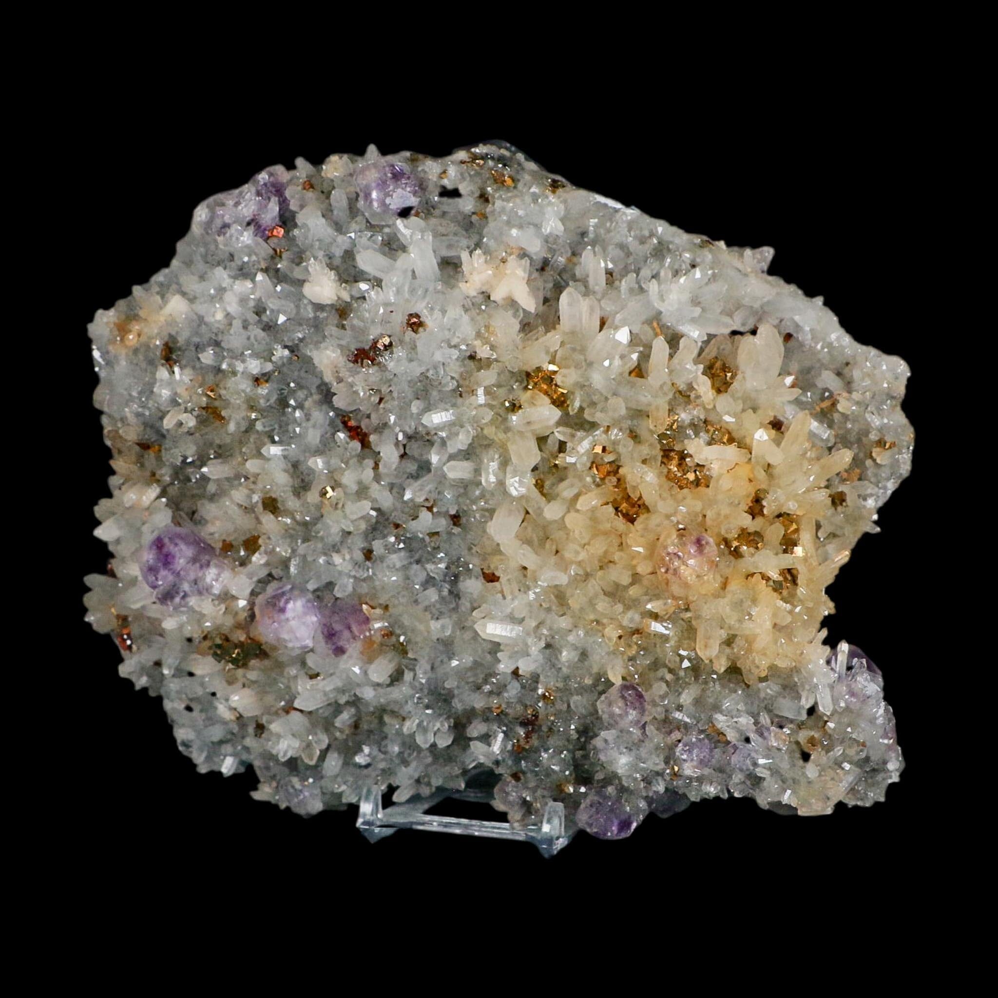 7" Crystal Quartz, Purple Amethyst And Pyrite Crystal Cluster Mineral Specimen Stand