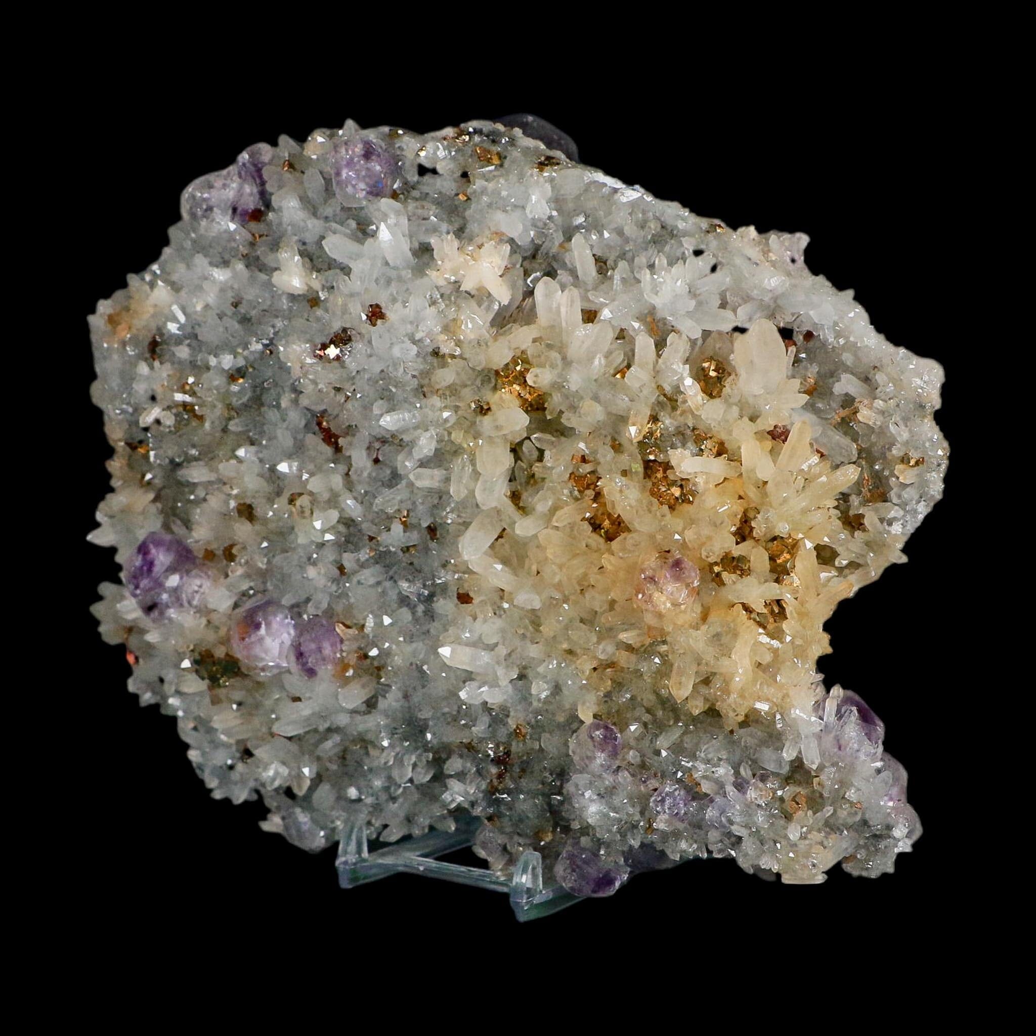 7" Crystal Quartz, Purple Amethyst And Pyrite Crystal Cluster Mineral Specimen Stand