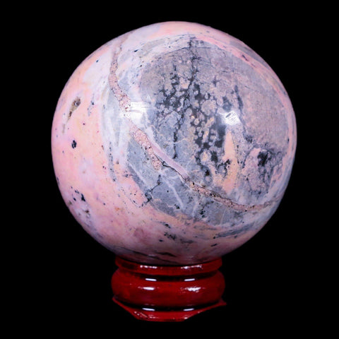 XL 52MM Natural Rhodonite Mineral Crystal Sphere Ball Peru Rosewood Stand - Fossil Age Minerals