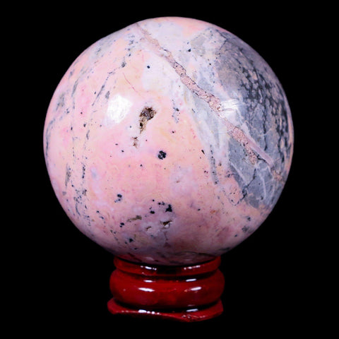 XL 52MM Natural Rhodonite Mineral Crystal Sphere Ball Peru Rosewood Stand - Fossil Age Minerals