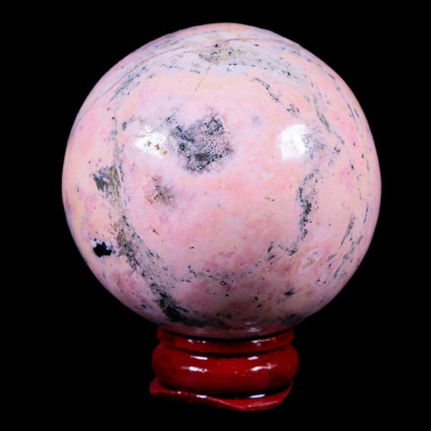 XL 52MM Natural Rhodonite Mineral Crystal Sphere Ball Peru Rosewood Stand - Fossil Age Minerals