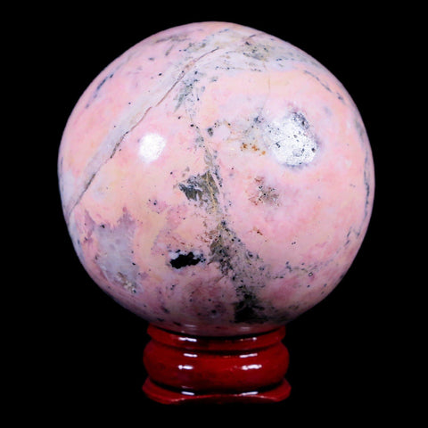 XL 52MM Natural Rhodonite Mineral Crystal Sphere Ball Peru Rosewood Stand - Fossil Age Minerals