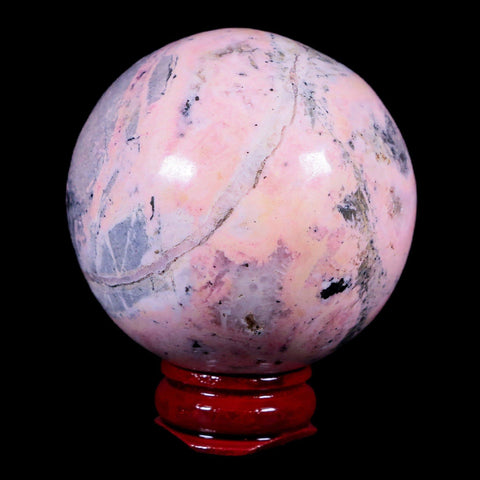 XL 52MM Natural Rhodonite Mineral Crystal Sphere Ball Peru Rosewood Stand - Fossil Age Minerals