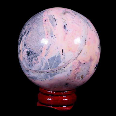 XL 52MM Natural Rhodonite Mineral Crystal Sphere Ball Peru Rosewood Stand - Fossil Age Minerals