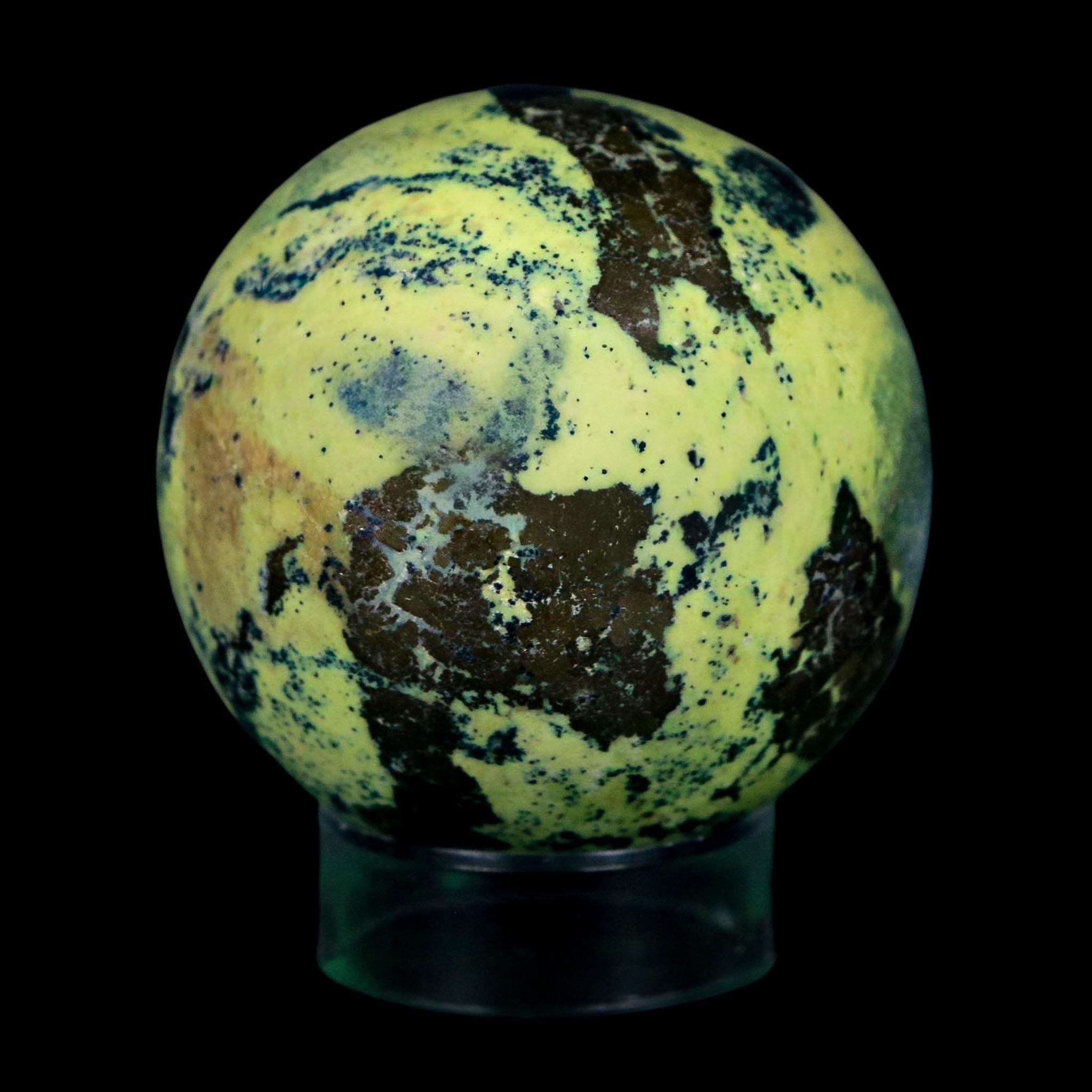 XL 53MM Natural Green & Yellow Serpentine Pyrite Sphere Ball Orb Peru Stand