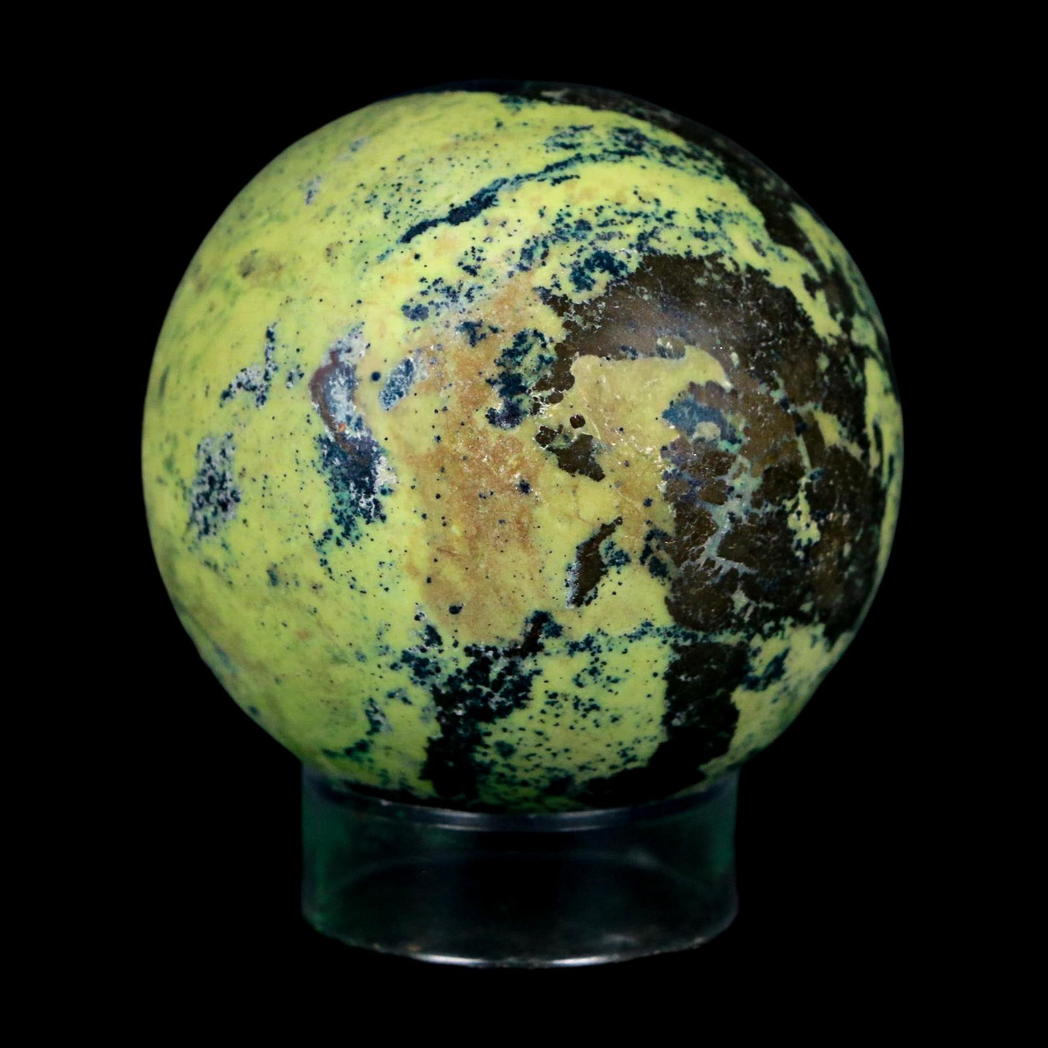 XL 53MM Natural Green & Yellow Serpentine Pyrite Sphere Ball Orb Peru Stand