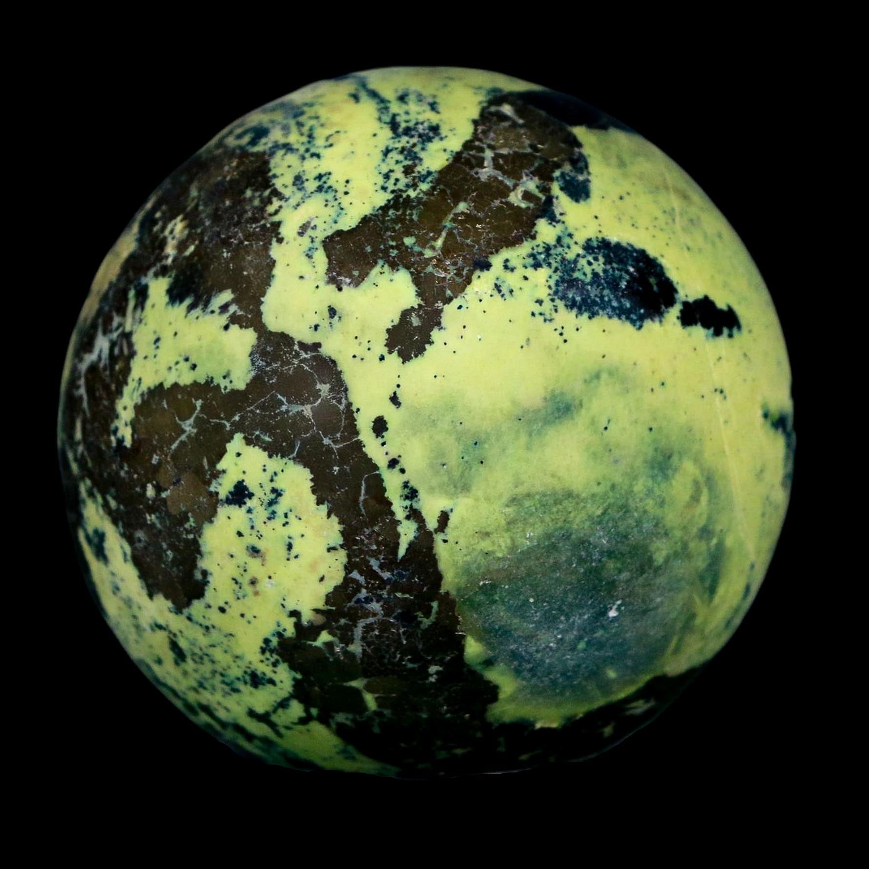 XL 53MM Natural Green & Yellow Serpentine Pyrite Sphere Ball Orb Peru Stand