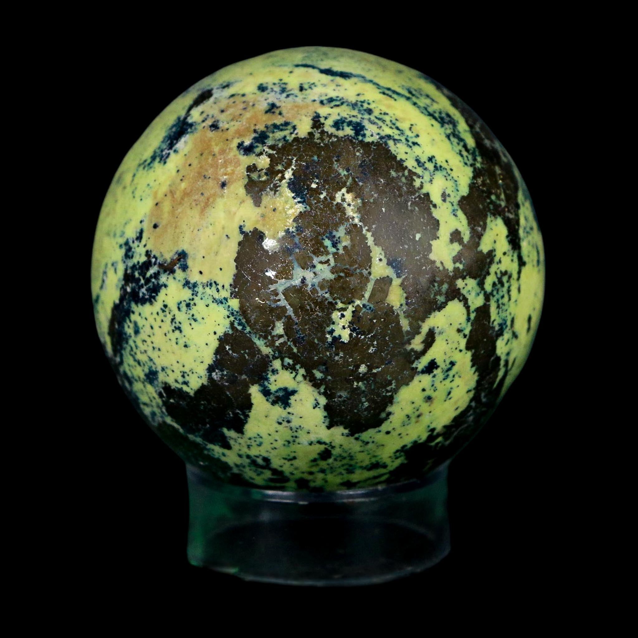 XL 53MM Natural Green & Yellow Serpentine Pyrite Sphere Ball Orb Peru Stand