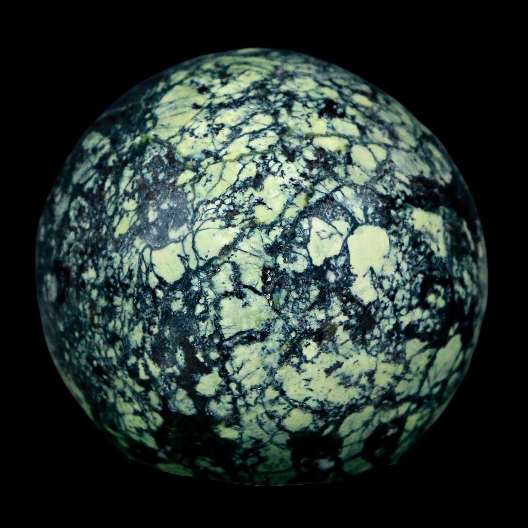 XL 51MM Natural Green & Yellow Serpentine Pyrite Sphere Ball Orb Peru Stand - Fossil Age Minerals