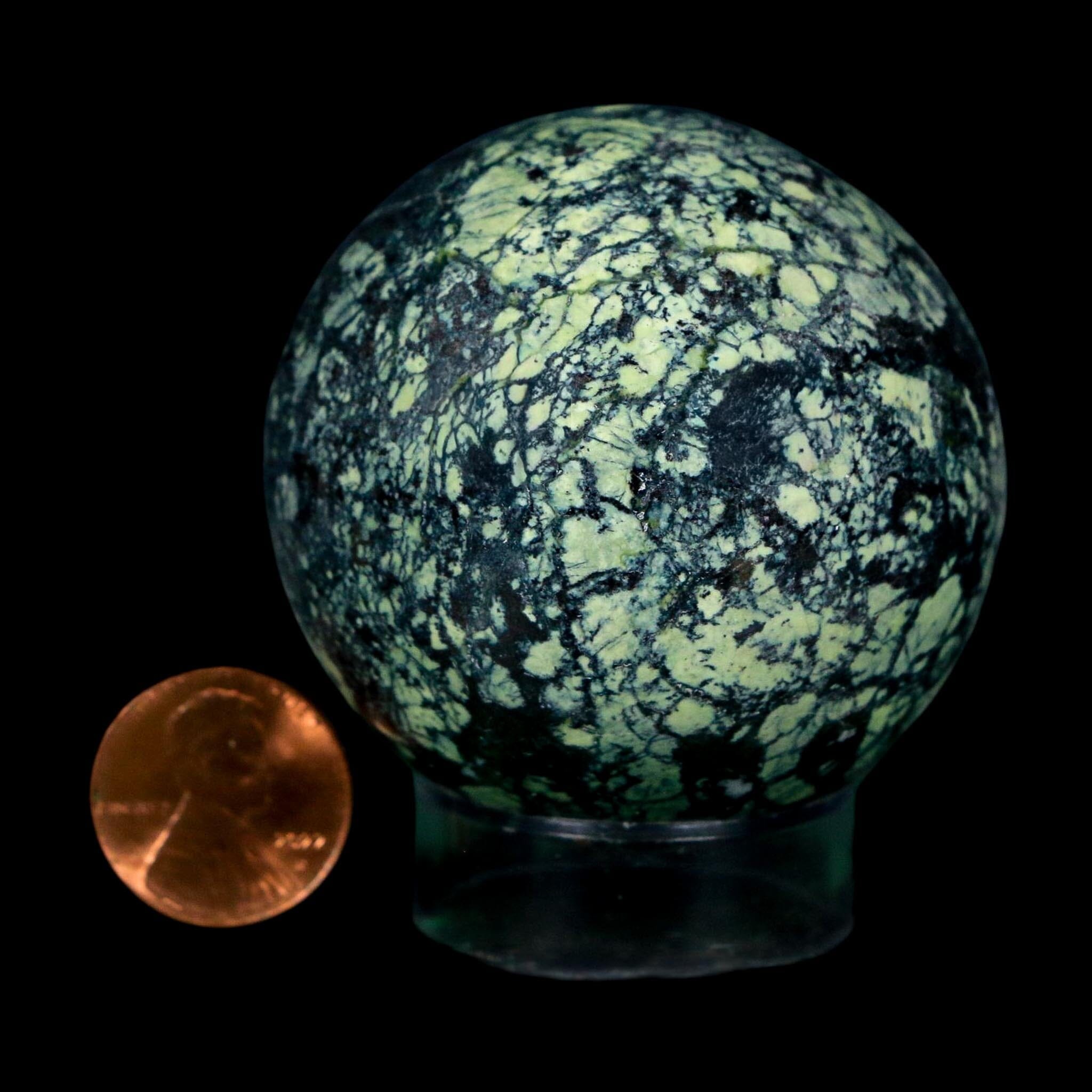 XL 51MM Natural Green & Yellow Serpentine Pyrite Sphere Ball Orb Peru Stand - Fossil Age Minerals