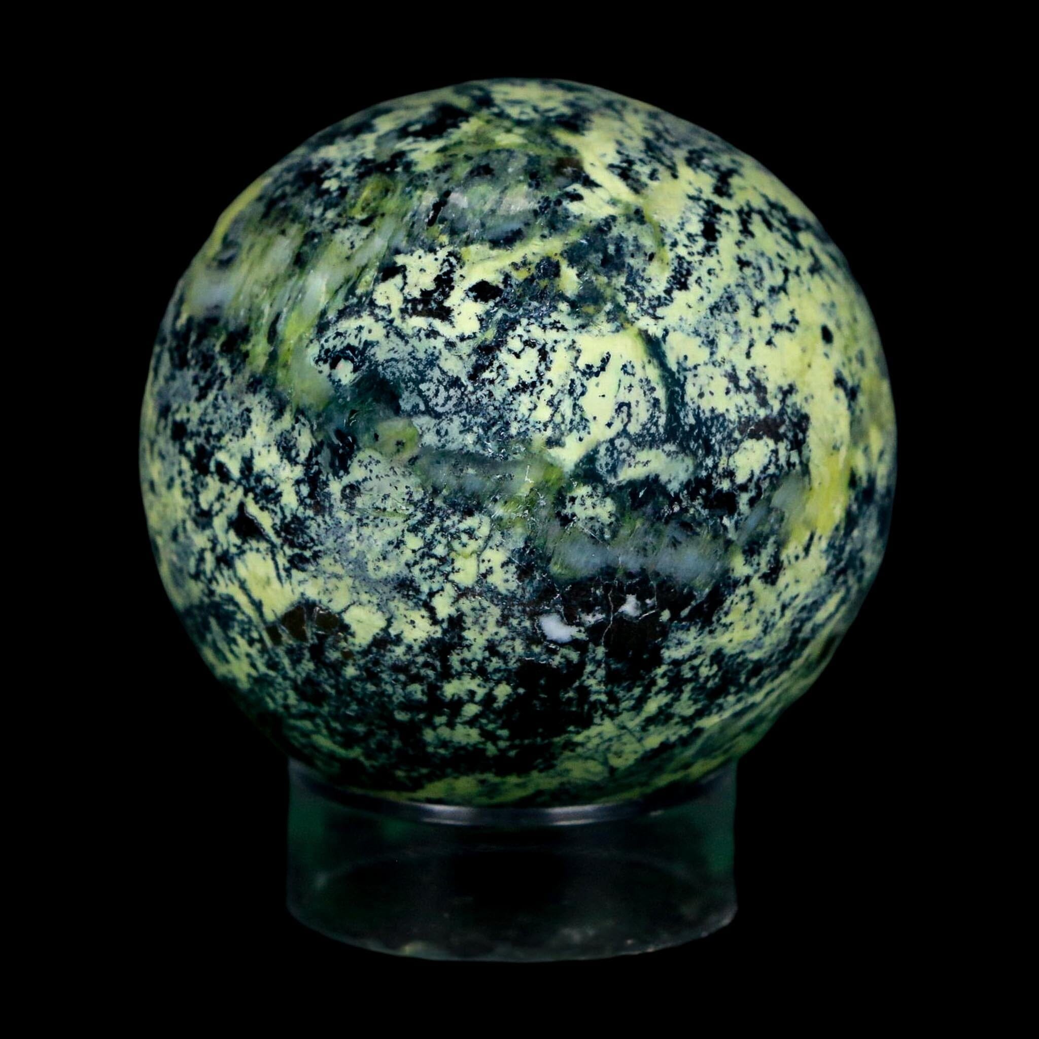 XL 51MM Natural Green & Yellow Serpentine Pyrite Sphere Ball Orb Peru Stand - Fossil Age Minerals