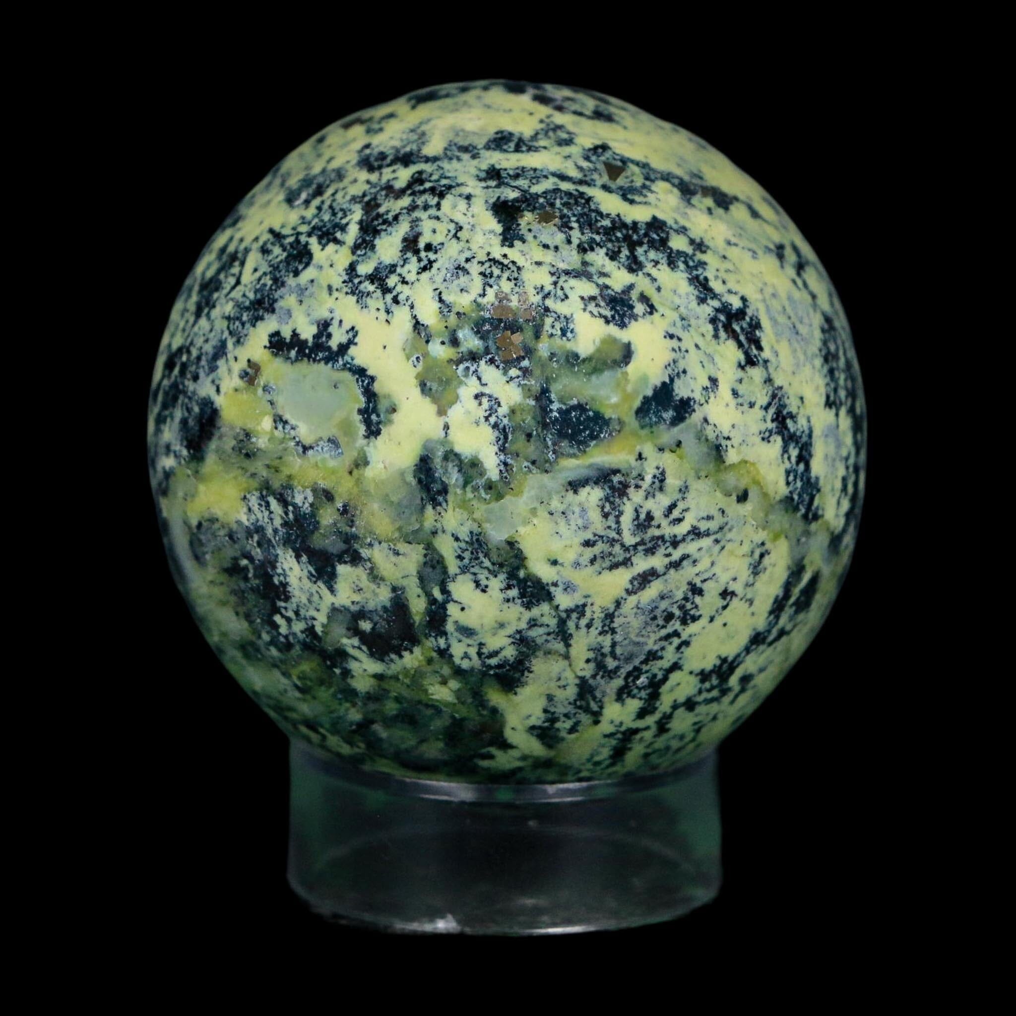 XL 51MM Natural Green & Yellow Serpentine Pyrite Sphere Ball Orb Peru Stand - Fossil Age Minerals
