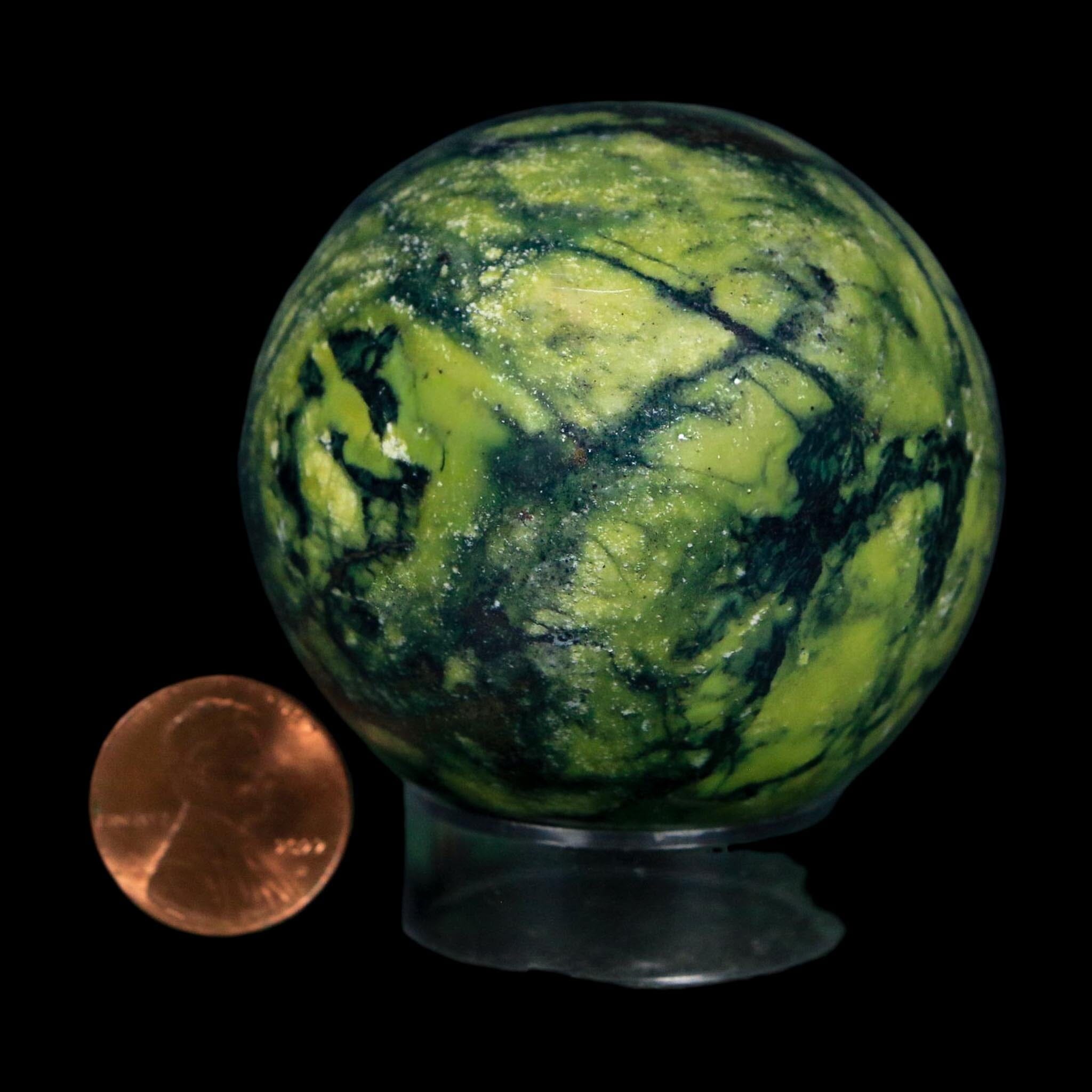 XL 53MM Natural Green & Yellow Serpentine Pyrite Sphere Ball Orb Peru Stand - Fossil Age Minerals