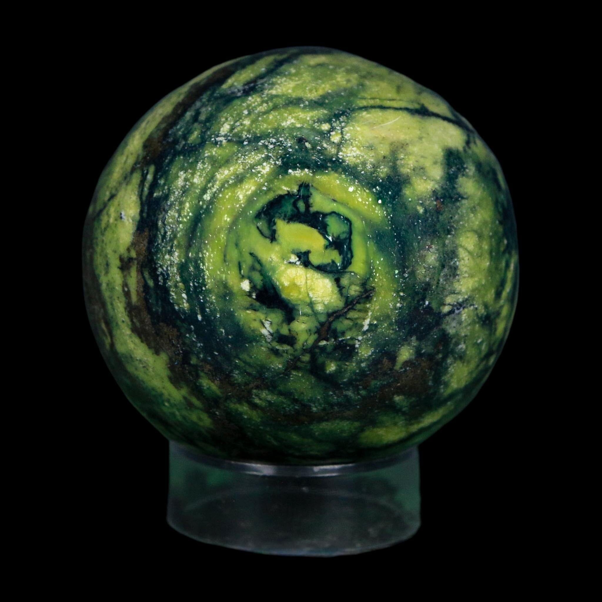 XL 53MM Natural Green & Yellow Serpentine Pyrite Sphere Ball Orb Peru Stand - Fossil Age Minerals
