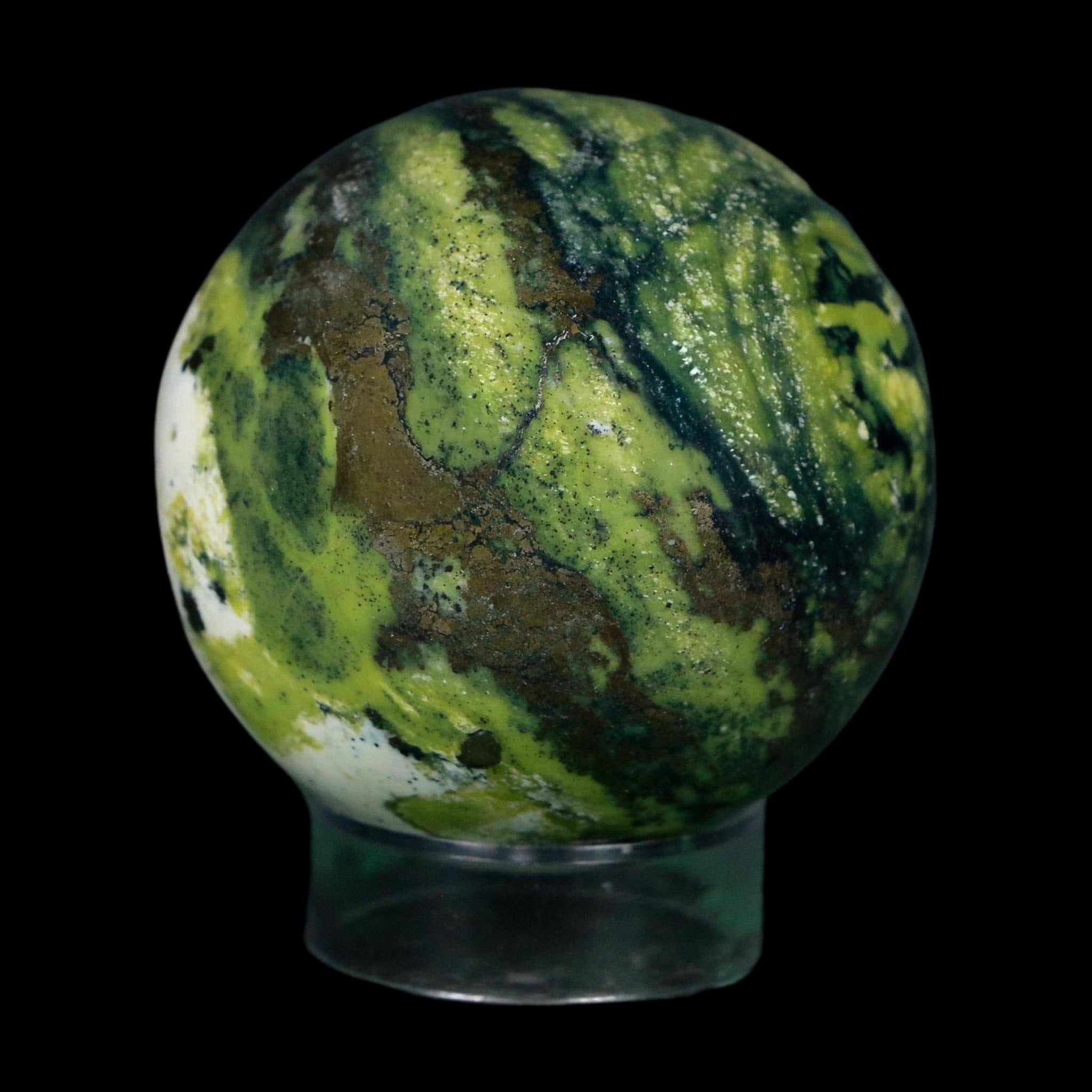XL 53MM Natural Green & Yellow Serpentine Pyrite Sphere Ball Orb Peru Stand - Fossil Age Minerals