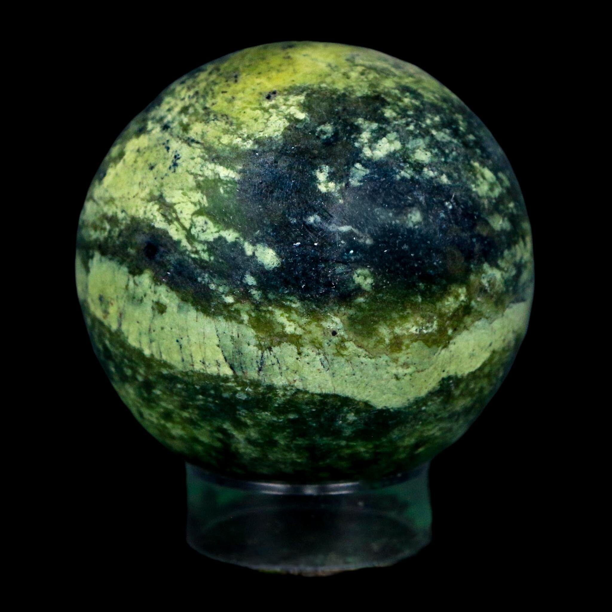 XL 57MM Natural Green & Yellow Serpentine Pyrite Sphere Ball Orb Peru Stand - Fossil Age Minerals