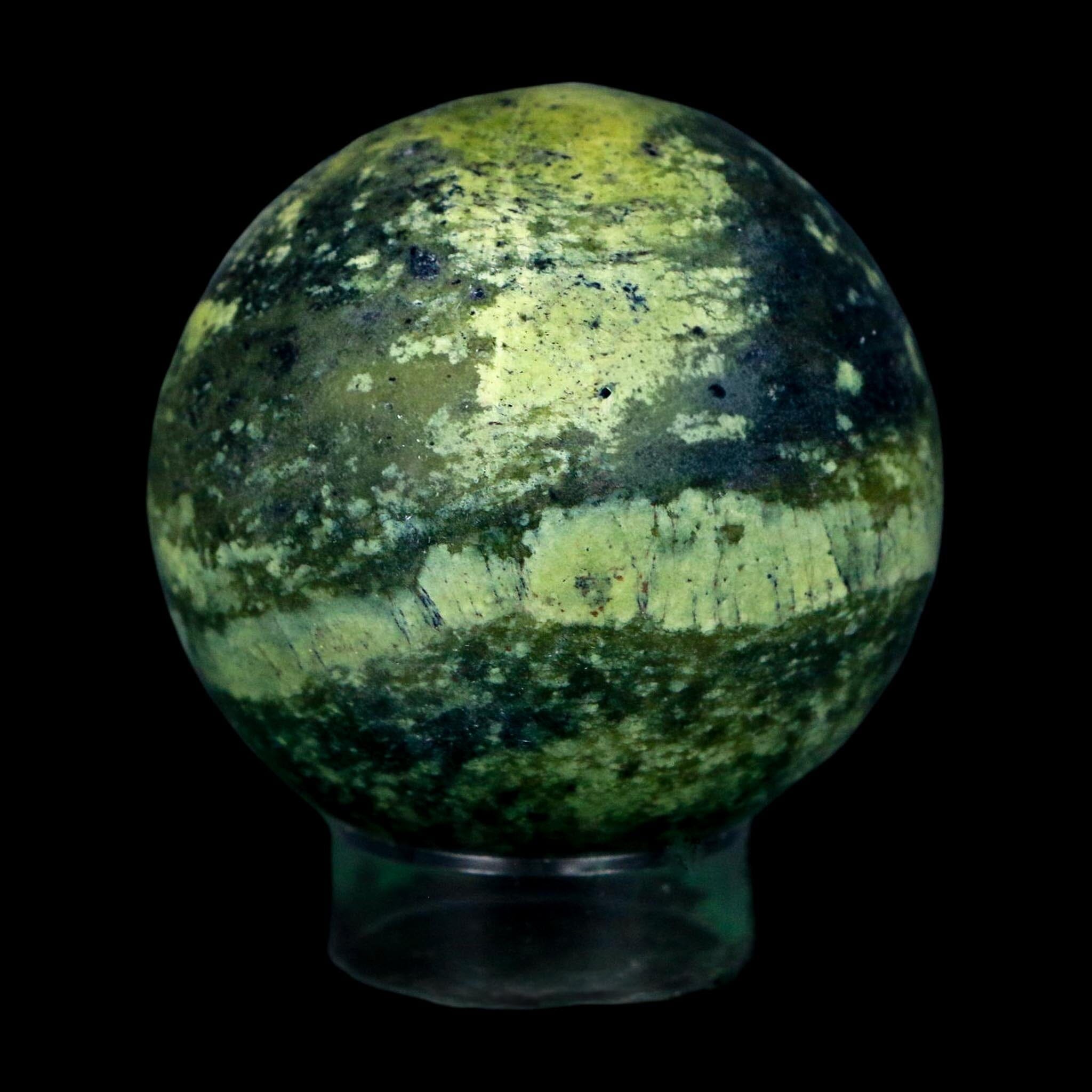 XL 57MM Natural Green & Yellow Serpentine Pyrite Sphere Ball Orb Peru Stand - Fossil Age Minerals
