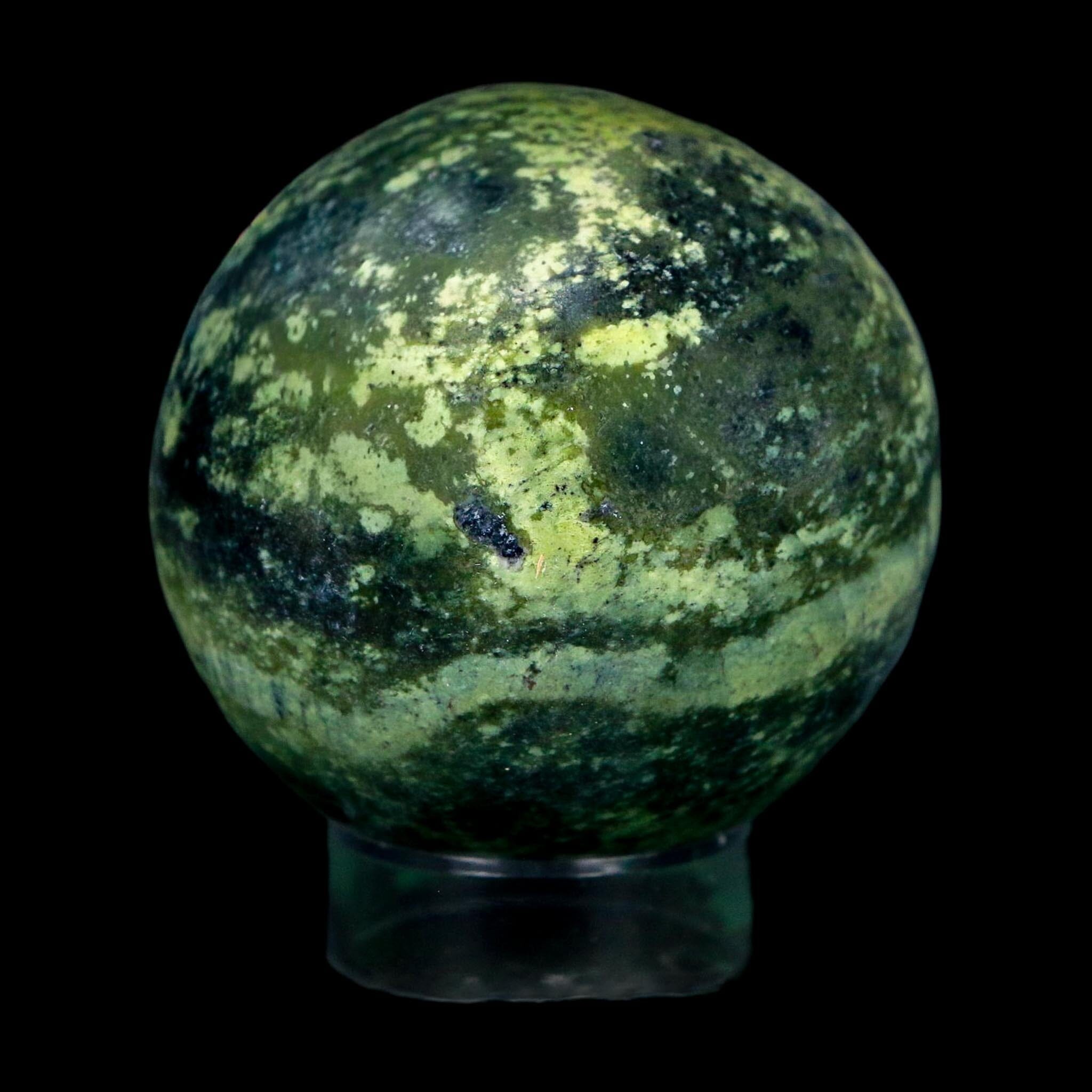 XL 57MM Natural Green & Yellow Serpentine Pyrite Sphere Ball Orb Peru Stand - Fossil Age Minerals