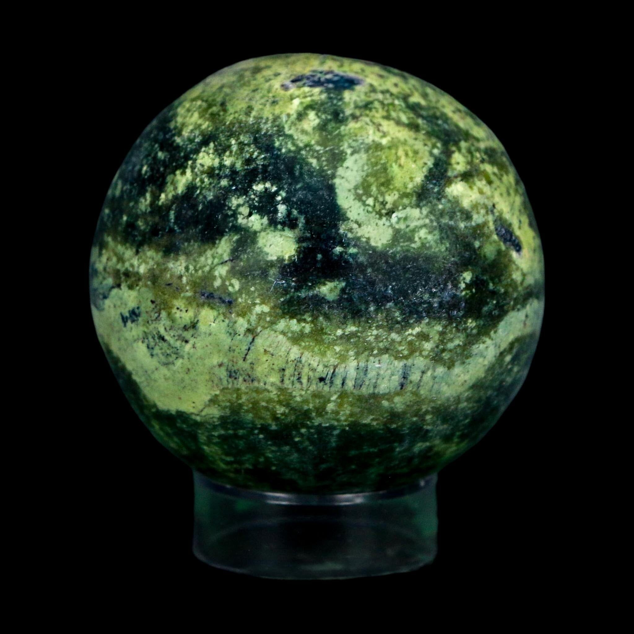 XL 57MM Natural Green & Yellow Serpentine Pyrite Sphere Ball Orb Peru Stand - Fossil Age Minerals