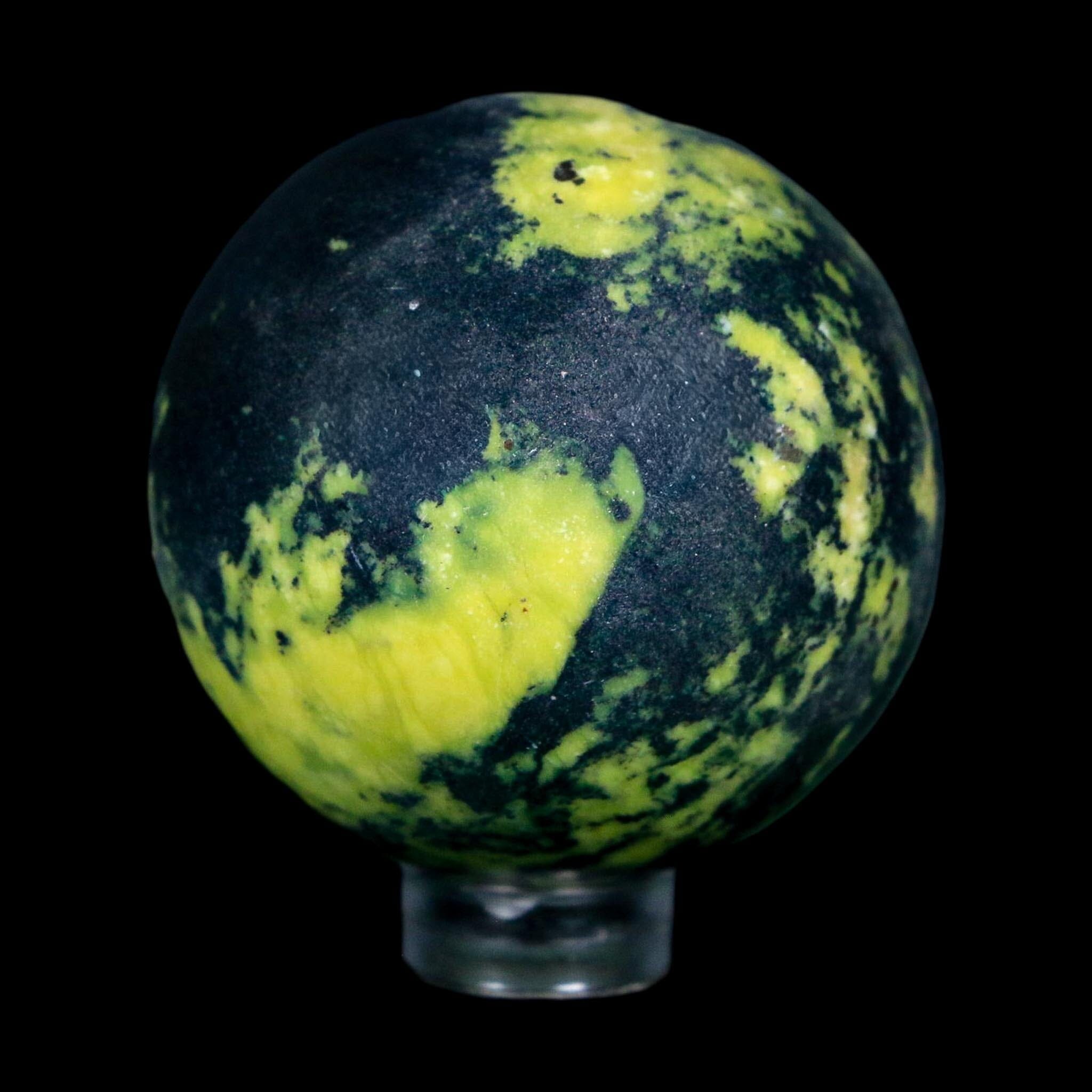 45MM Natural Green & Yellow Serpentine Pyrite Sphere Ball Orb Peru Stand - Fossil Age Minerals