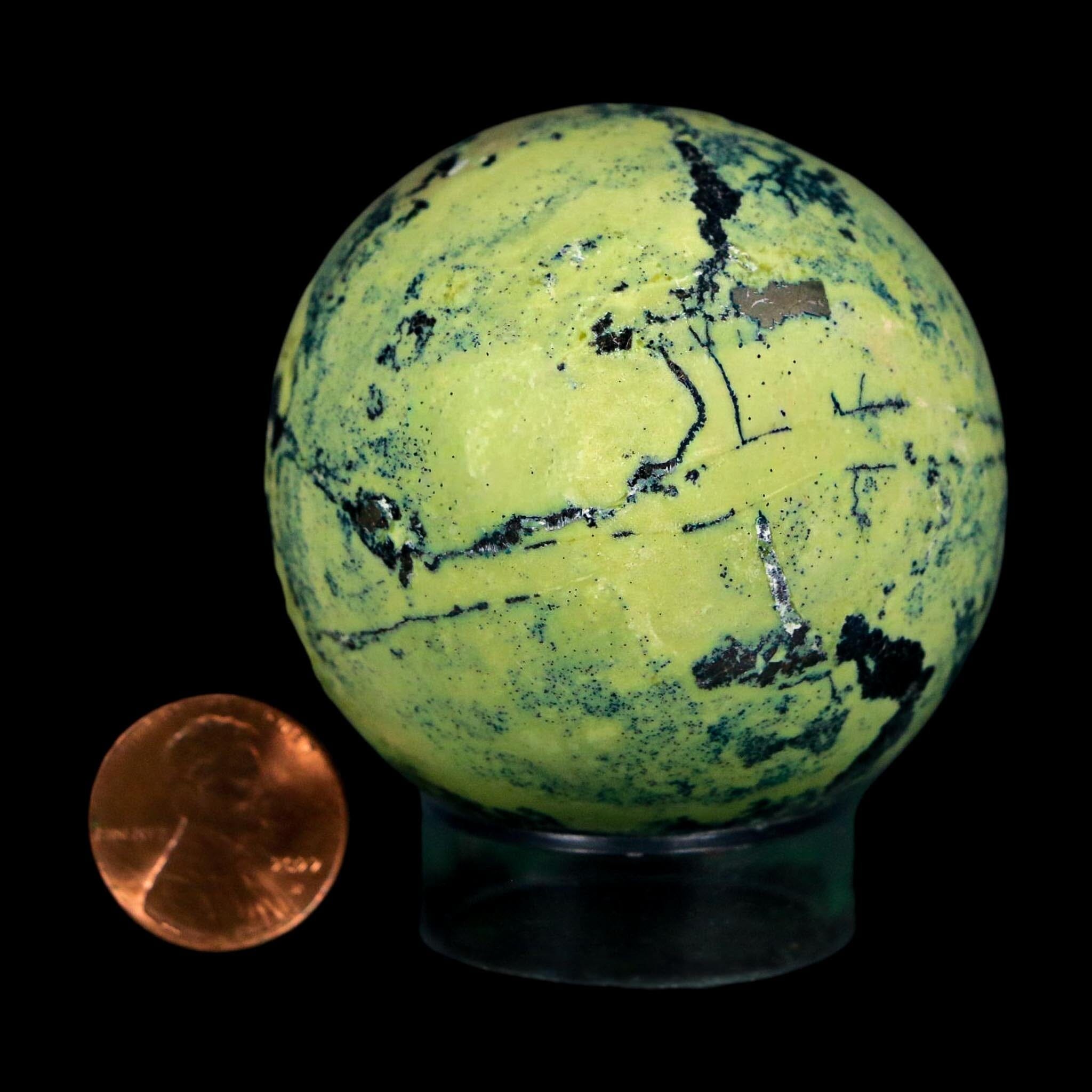 XL 53MM Natural Green & Yellow Serpentine Pyrite Sphere Ball Orb Peru Stand - Fossil Age Minerals